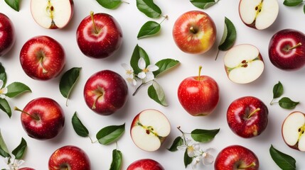 Naklejka premium Vibrant red apples arranged with leaves and slices on a white background, perfect for healthy food concepts and recipes.