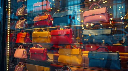 Naklejka premium A collection of colorful clutch bags displayed in a boutique window with city lights reflecting.