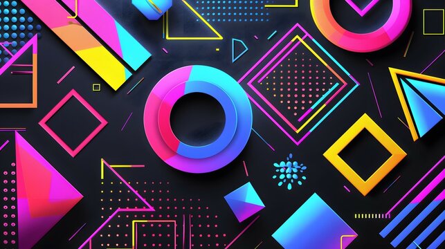 Abstract background with bright geometric shapes on a dark background in Memphis style. Back in the 90s