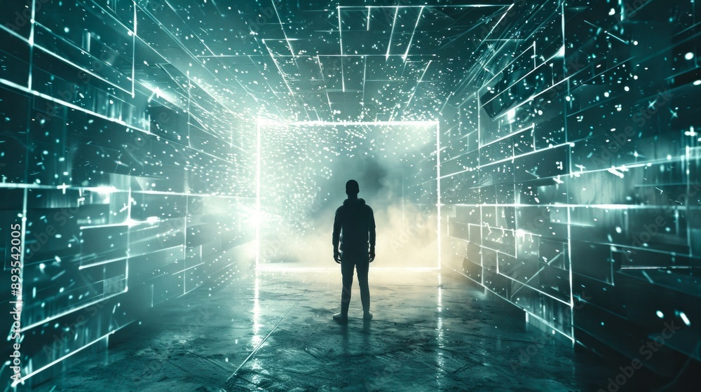 Poster futuristic cyber room with figure in center. an ai-generated image depicting a silhouette in a neon-