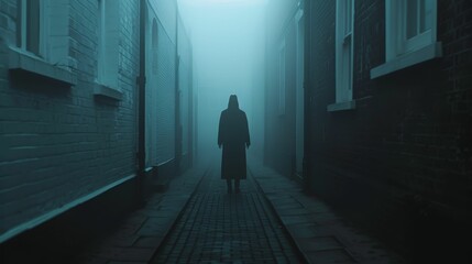 Dark, foggy alleyway with a mysterious figure, eerie, suspense