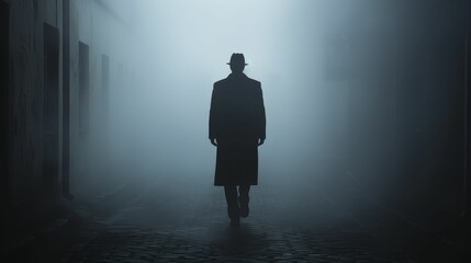 Obraz premium Dark, foggy alleyway with a mysterious figure, eerie, suspense