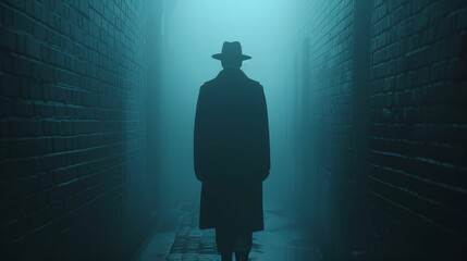 Dark, foggy alleyway with a mysterious figure, eerie, suspense