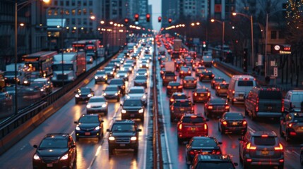 A congested city bridge with cars and trucks moving slowly across during evening traffic.