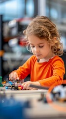 Child building a robot in a tech workshop, STEM education, innovation