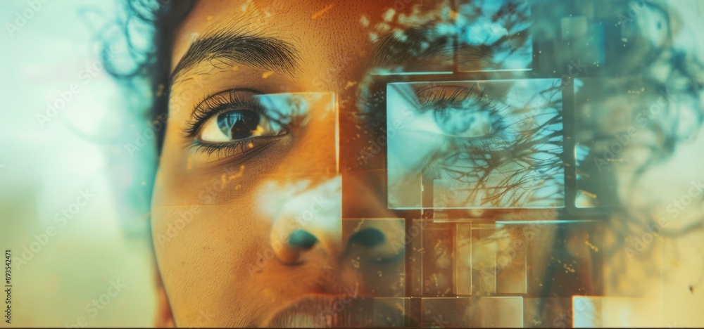 Poster artistic portrait of a woman blending with abstract shapes and colors. facial expression shows deep 