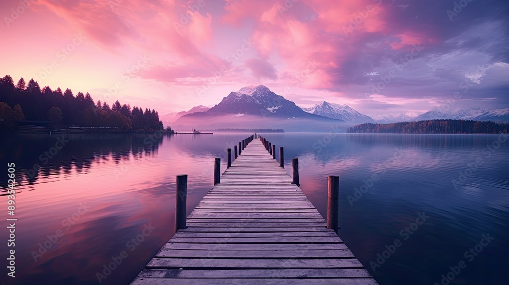 Poster pink sky, lake with wooden bridge leading to the mountains