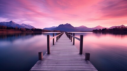Fototapeta premium pink sky, lake with wooden bridge leading to the mountains