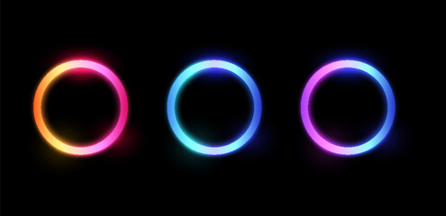 Neon glowing circles vector illustration set.