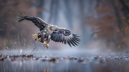 Fototapeta premium A bald eagle, with a white head and tail, flies over a body of water, carrying a fish in its beak. The eagle's wings are spread wide, and it appears to be in mid-flight