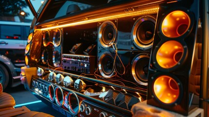 A custom-built car audio setup with multiple speakers and amplifiers for a concert-like experience.
