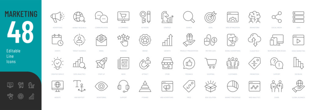 
Marketing Line Editable Icons set. Vector illustration in modern thin line style of business related icons: advertising, market research, optimization, and more.