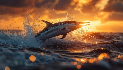 Naklejka premium Marlin Leaping Through Sunset Waves