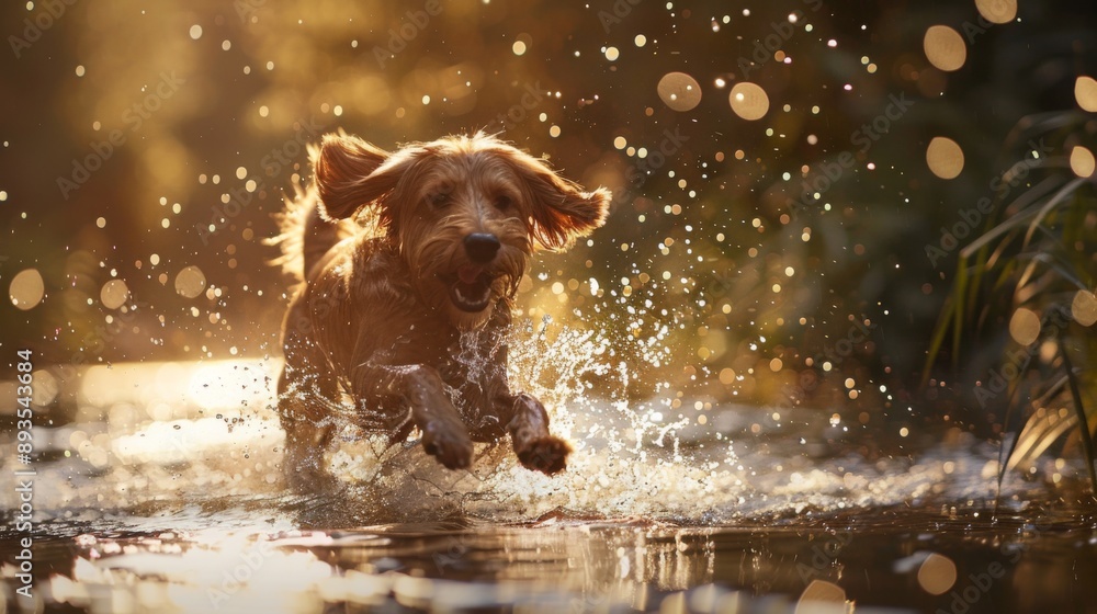 Poster a dog splashing and playing in a shallow river, with water droplets flying in all directions.