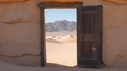 A door opening onto a desert with mountains in the distance