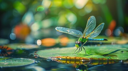A dragonfly resting on a leaf by a pond, with transparent wings catching the sunlight