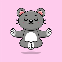 Naklejka premium Cute cartoon mouse sitting in yoga pose. cartoon animal vector illustration hand drawn