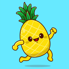 Cute funny running pineapple fruit. Vector hand drawn cartoon kawaii character illustration