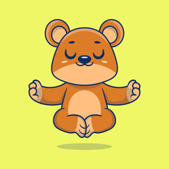 Obraz premium Cute cartoon teddy bear sitting in yoga pose. cartoon animal vector illustration hand drawn