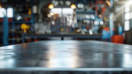 A metal blank tabletop with blurred automotive tools and parts in the background suitable for promoting automotive products
