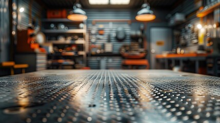 A metal blank tabletop with blurred automotive tools and parts in the background suitable for promoting automotive products