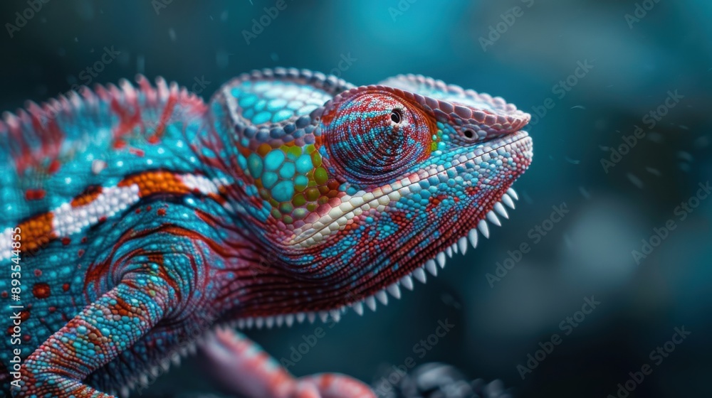 Poster a detailed close-up view of a colorful chameleon showcasing its vibrant patterns and textures, highl