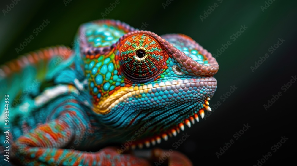 Poster this image captures the vivid and intricate patterns of a chameleon up close, highlighting the anima
