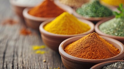 Vibrant spice powders of various colors neatly arranged in clay bowls on a wooden surface, showcasing the richness and diversity of culinary ingredients.