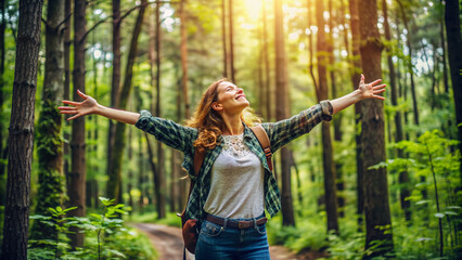 Sustainable eco friendly fashion clothes woman feeling free with open arms in woods forest happy breating clean air Travel tourist girl walking in natural healthy environment renewable resource
