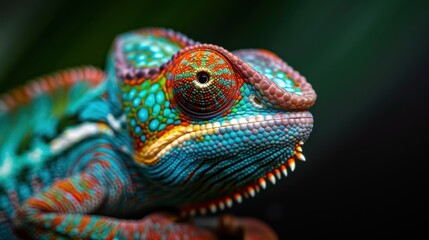 Obraz premium This image captures the vivid and intricate patterns of a chameleon up close, highlighting the animal's vibrant skin tones and detailed textures in a stunning portrait.