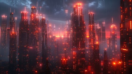 Futuristic Cityscape Illuminated by Red Lights