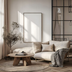 Aesthetic minimalist room interior design. Mockup picture frames. Mock up poster on the walls. Copy space. Clean scandi apartment for decoration. Neutral colors. Modern style.
