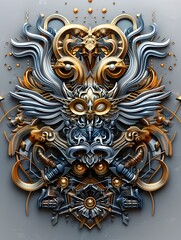 Ornate Heraldic Emblem of a Faction War in Futuristic Sci Fi Cityscape