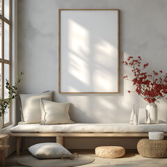Aesthetic minimalist room interior design. Mockup picture frames. Mock up poster on the walls. Copy space. Clean scandi apartment for decoration. Neutral colors. Modern style.