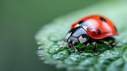 Naklejka premium This macro image captures a red and black ladybug resting on a vibrant green leaf with water droplets, showcasing its intricate details and natural beauty.