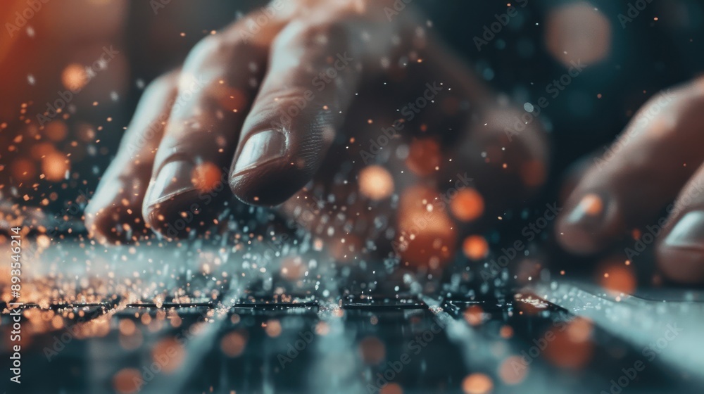 Poster this photograph captures a close-up of hands typing on a keyboard with glowing effects, showcasing t