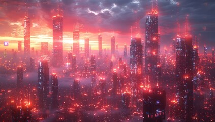 Fototapeta premium Futuristic Cityscape with Red and Pink Glow