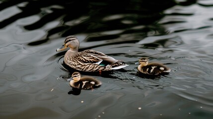 A mother mallard duck leads two young ducklings across the surface of a still pond, their dark feathers blending with the ripples in the water