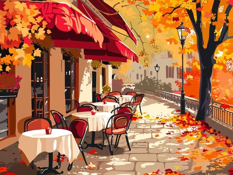 Cozy Autumn Street Scene. Cafes, Falling Leaves, City Life