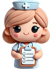 Adorable 3D clay nurse character holding a clipboard, ideal for kids' future occupation themes.