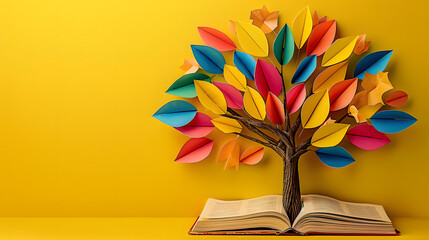 Colorful tree of knowledge made from books and paper leaves on vibrant yellow background, symbolizing literacy and education, education, books, tree, paper leaves, colorful