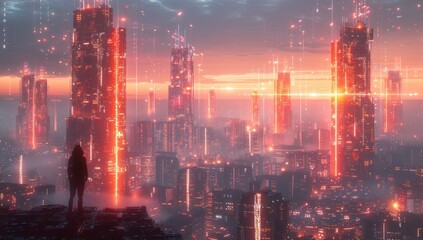 Obraz premium Cyberpunk Cityscape with a Solitary Figure