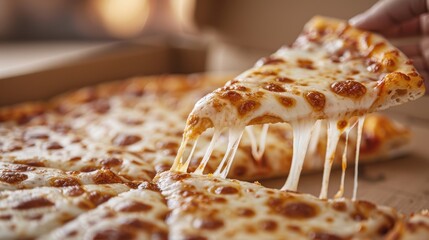 A close-up of a delicious cheese pizza slice being pulled from the pizza with stretchy, melted mozzarella cheese, perfect for advertising pizza restaurants or delivery services.