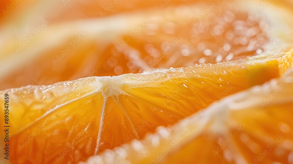 Poster a macro shot highlighting the intricate details and texture of fresh orange slices with visible mois