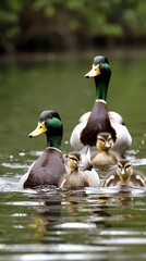 Obraz premium A mother mallard duck leads two young ducklings across the surface of a still pond, their dark feathers blending with the ripples in the water