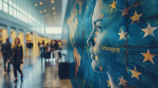 European Schengen Zone Mural at Airport, Suitable for Travel and European Union Themes