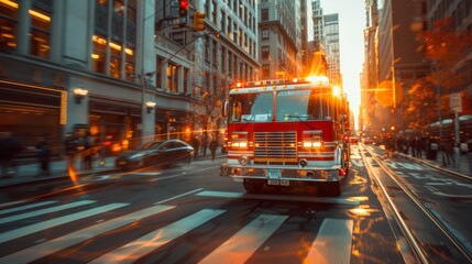 Obraz premium Firetruck driving through a city street at sunset