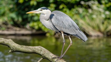 Fototapeta premium A grey heron stands perched on a branch over a body of water with trees in the background