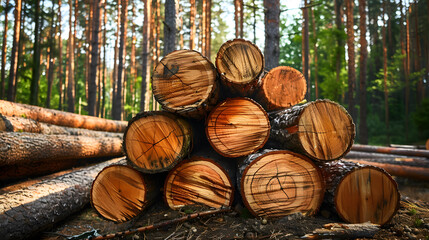 Close-up of freshly cut logs stacked in a forest clearing, showcasing tree rings and natural textures with a pine forest backdrop