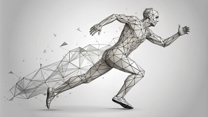 Fototapeta premium Stylized geometric male silhouette in motion, formed by abstract shapes and lines, on a clean white background, conveying dynamic movement and modern design.